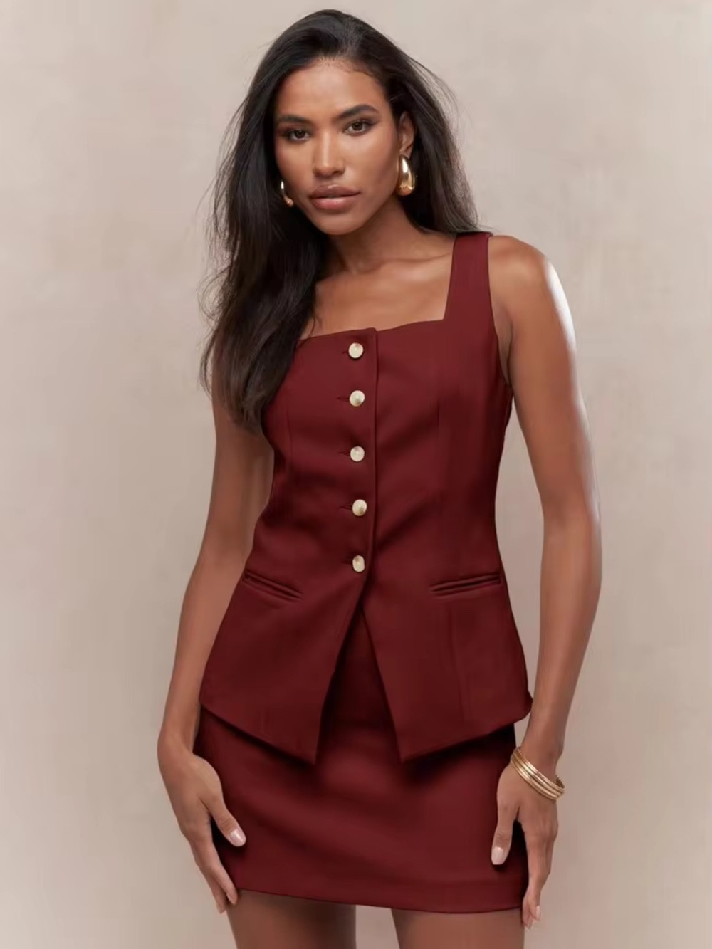 Missguided Burgundy Square-Neck Button Skirt Set